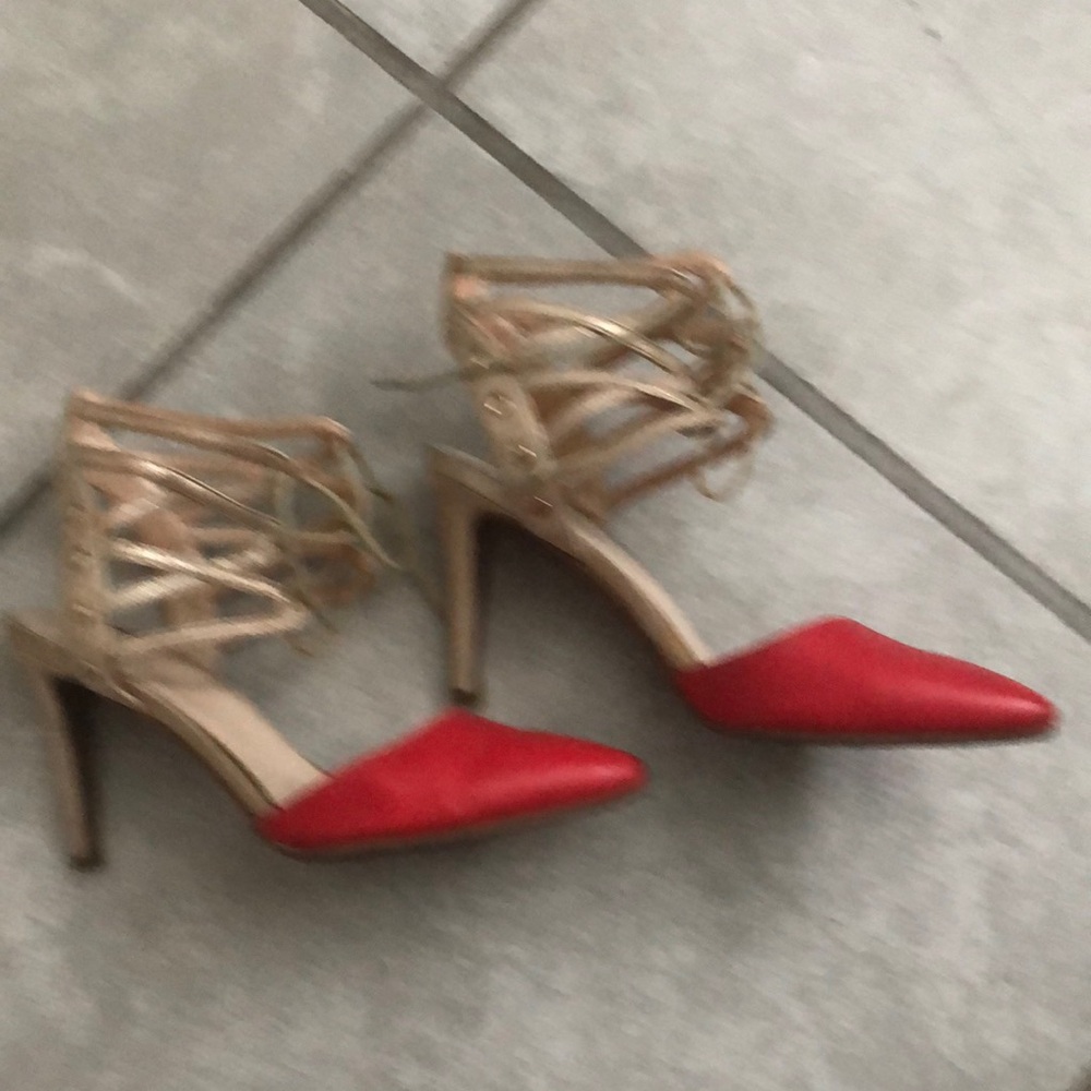 Elegant Red and Tan Strappy Heels with Stiletto
